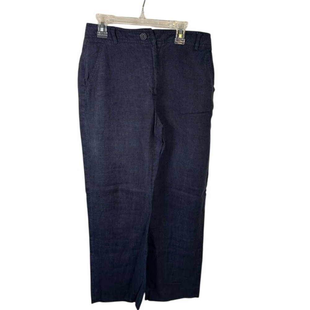 Pure Collection Linen Trousers Navy Blue Straight Leg Pants‎ US 4L LW-375